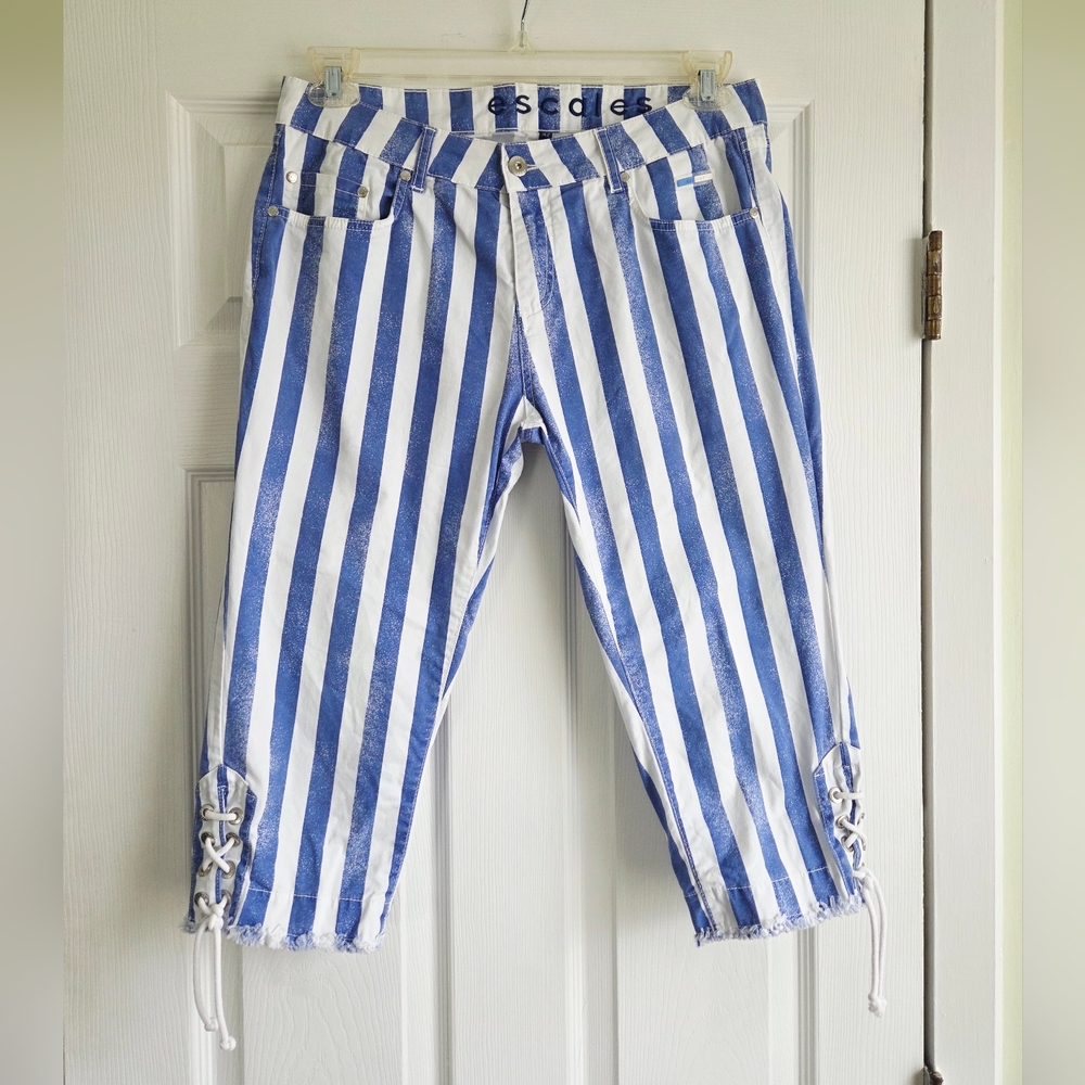 Escales Paris ✨️ Blue and White Striped Cotton Women's Capris Pents Size L (42)